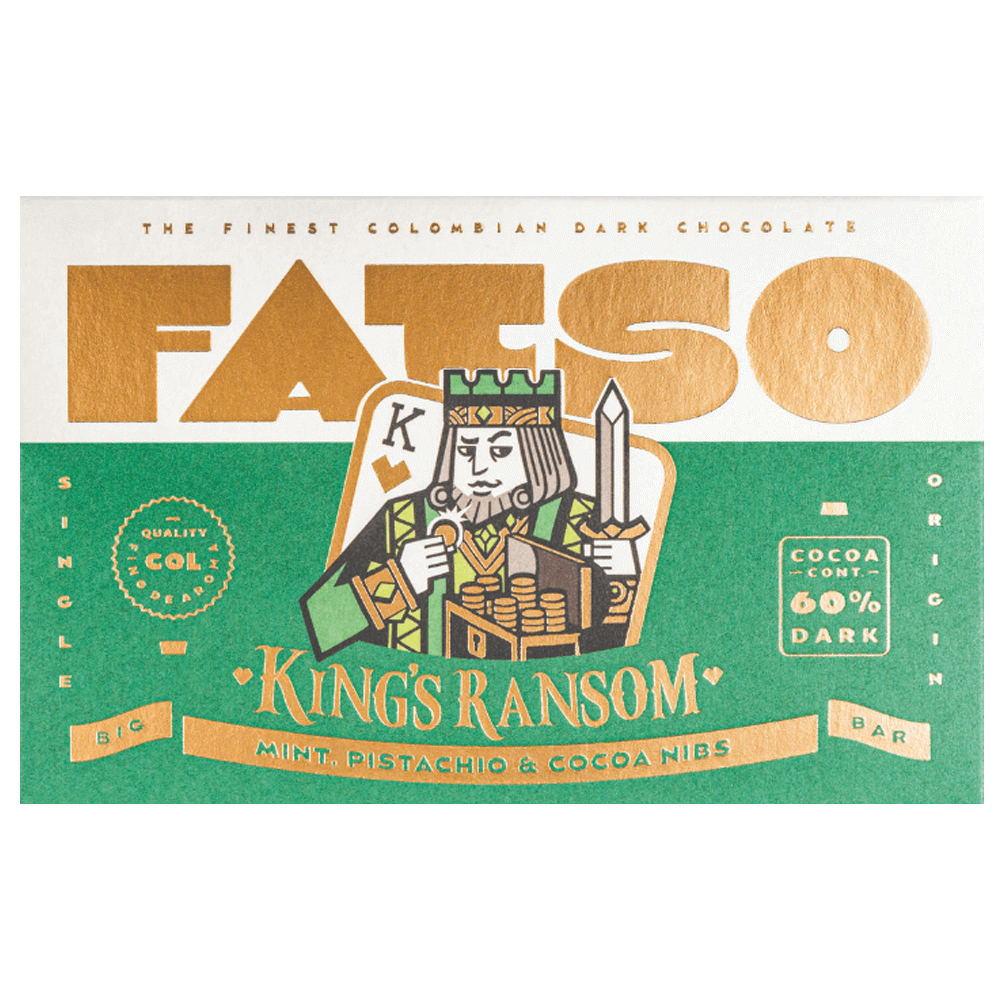 Fatso's King's Ransom Mint, Pistachio and Cocoa Nib Dark Chocolate Bar